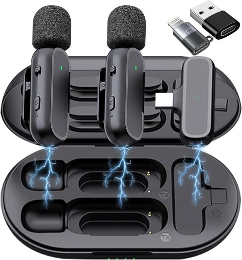 2 Pack Professional Wireless Lavalier Microphone for Android, iPhone iPad with Adapter Included Noise Reduction Plug-Play Clip on Lapel Mic for YouTube, Recording, Vlog, Facebook Live Streaming